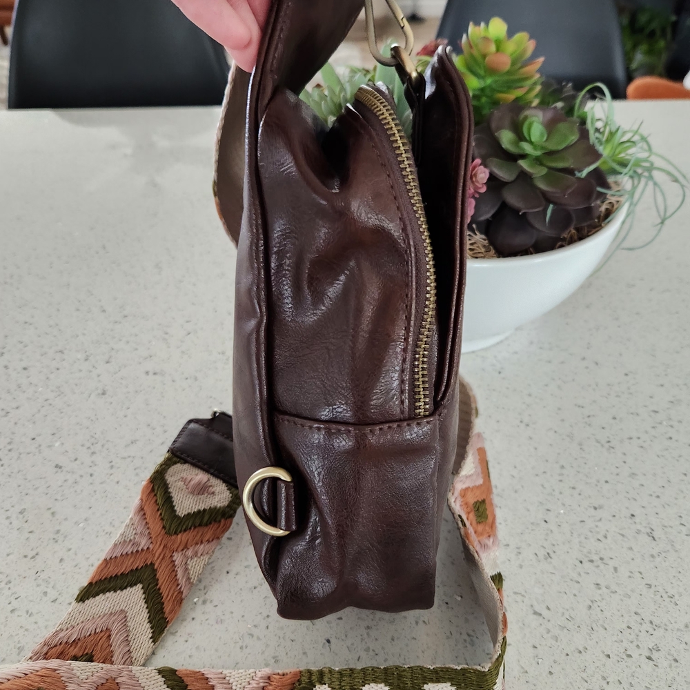 Brown Crossbody Sling Bag with Patterned Strap New Without Tag - Picture 4 of 13